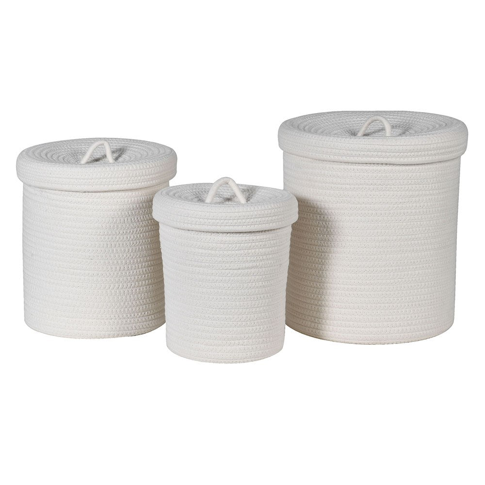 White Cotton Rope Lidded Baskets (Set of 3 )