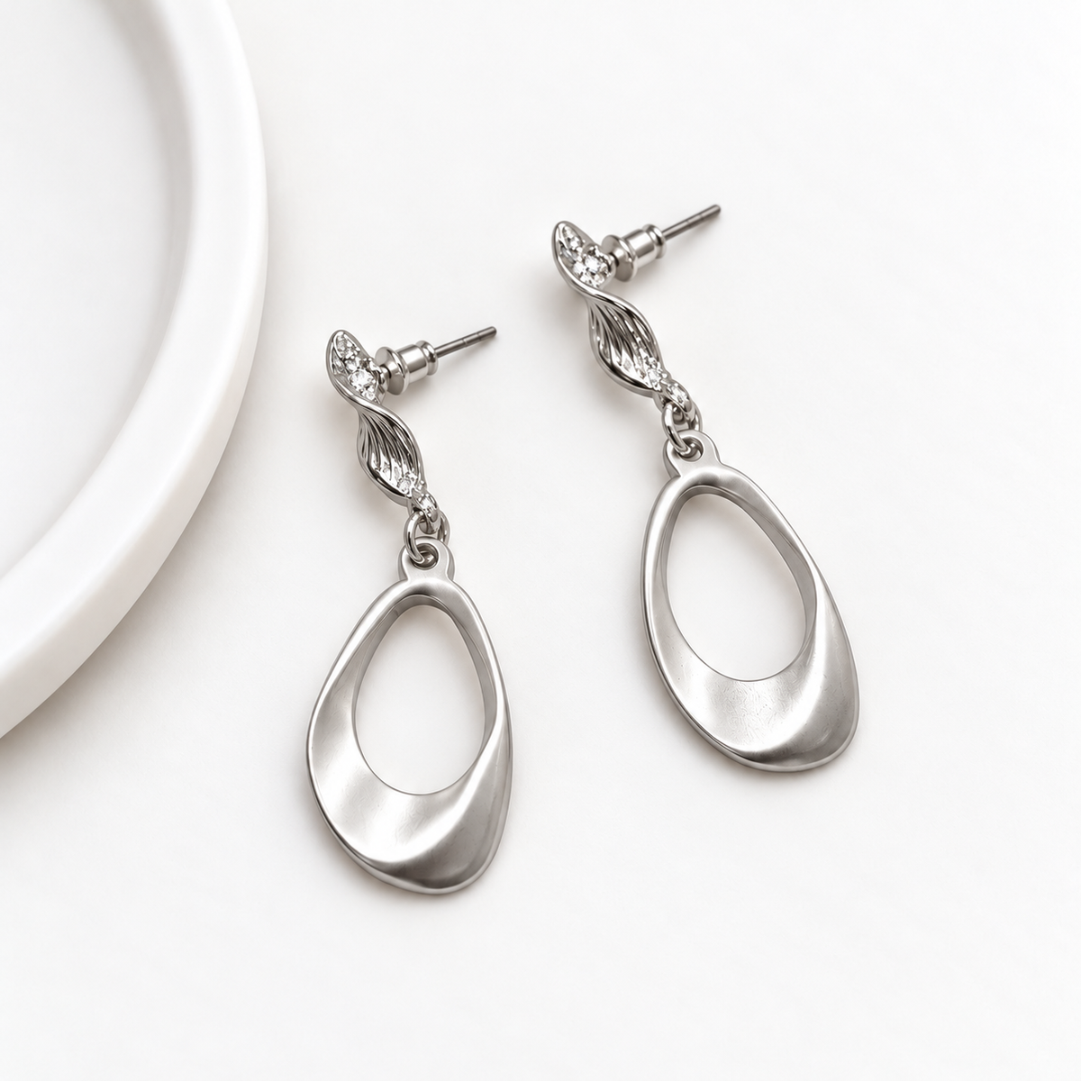 Silver Twisted Stud Drop Earrings with Matte Oval Pendant