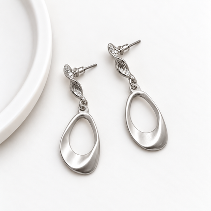 Silver Twisted Stud Drop Earrings with Matte Oval Pendant