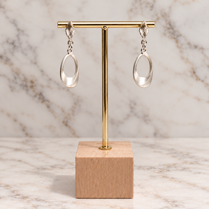 Silver Twisted Stud Drop Earrings with Matte Oval Pendant
