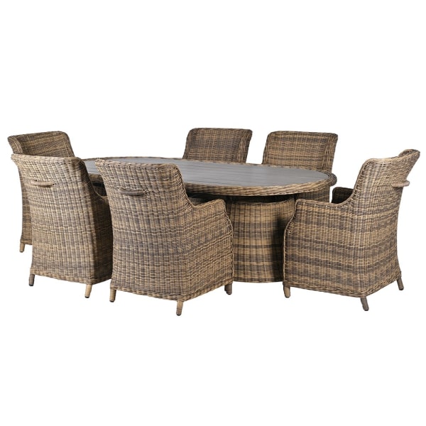 Outdoor Rattan Oval Dining Set – Table with 6 Carver Chairs