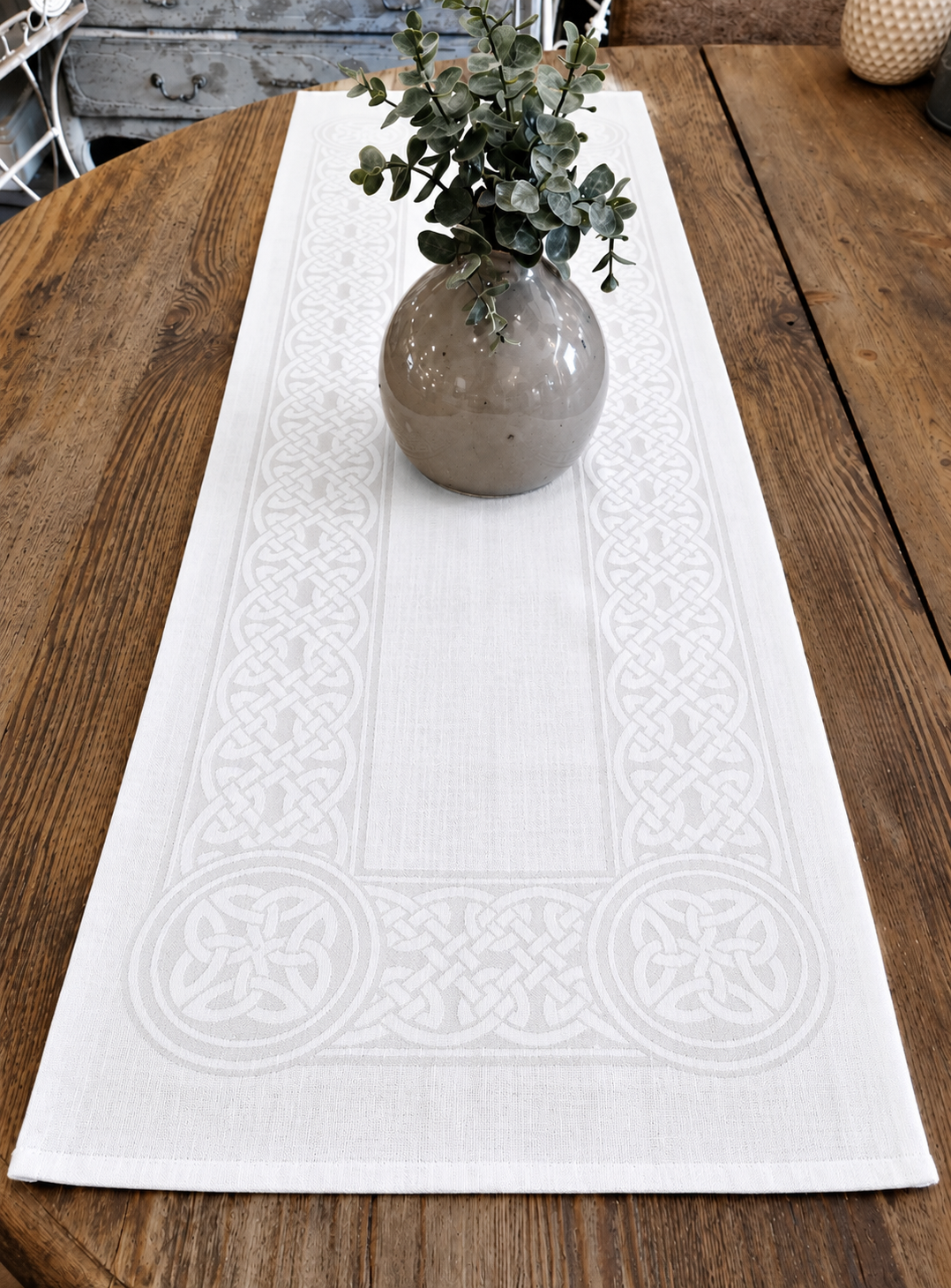 Colmcille Irish Linen White Damask Runner