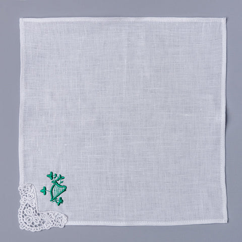 Irish Linen & Lace Hanky With Embroidered Harp & Shamrock