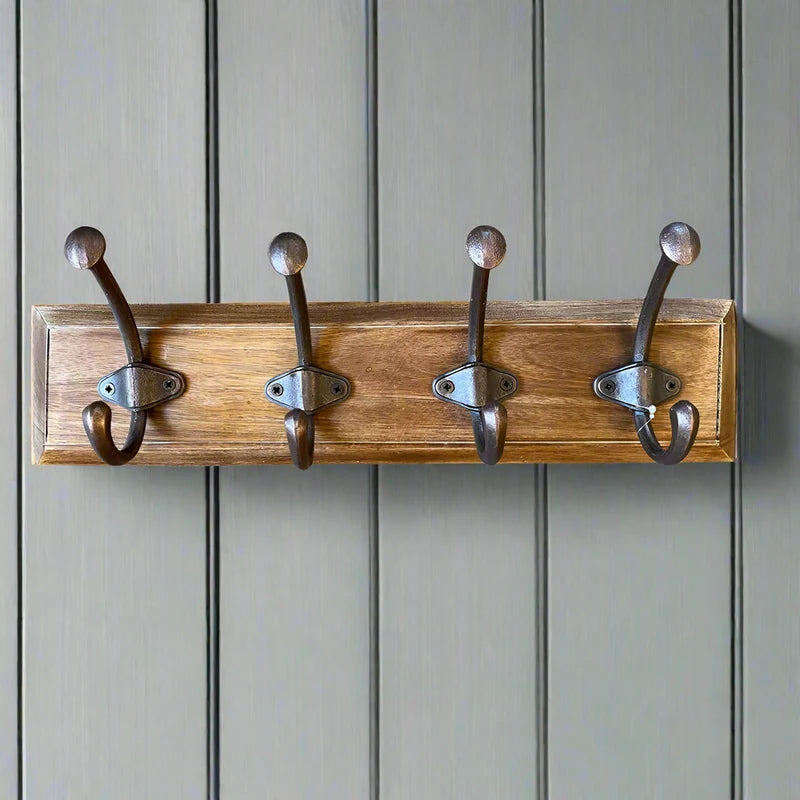 Rustic Wooden Coat Rack With Metal Hooks
