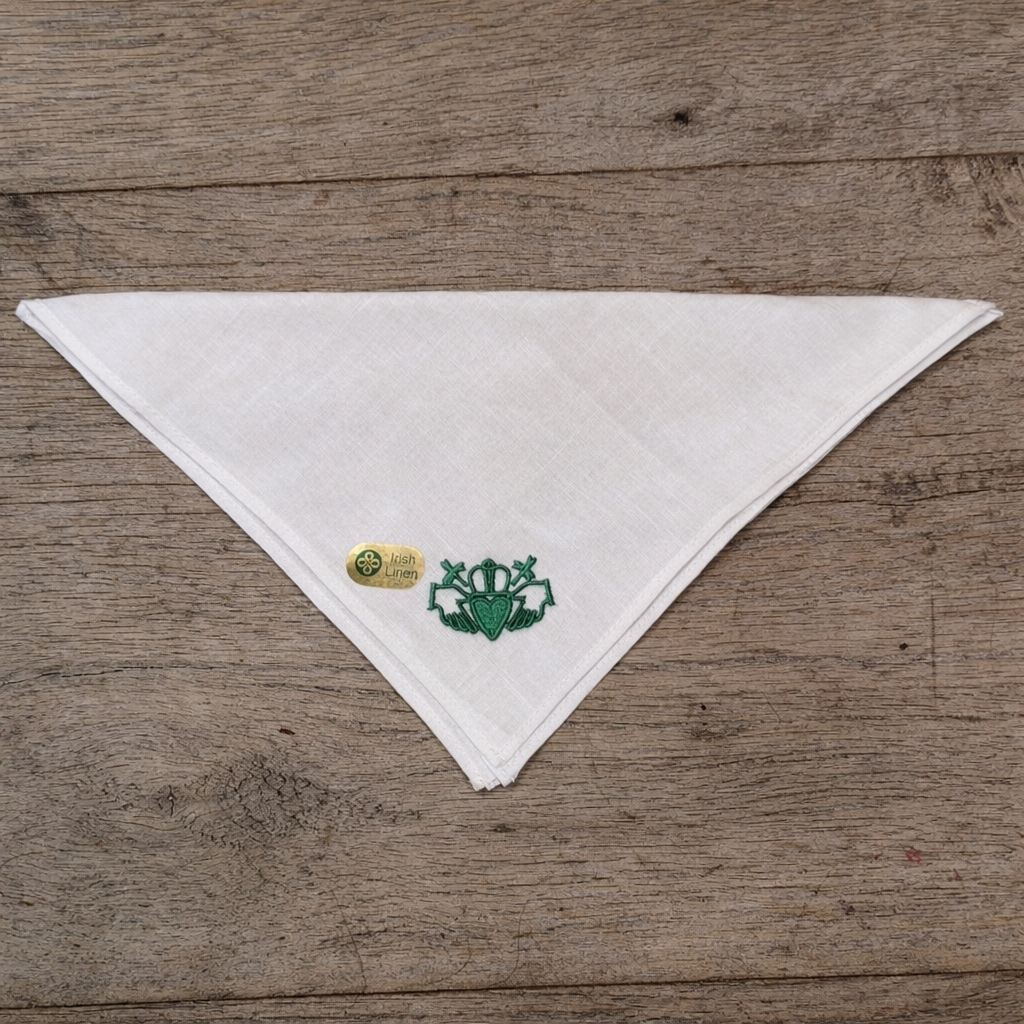 Irish Linen Hankie With Green Embroidered Claddagh