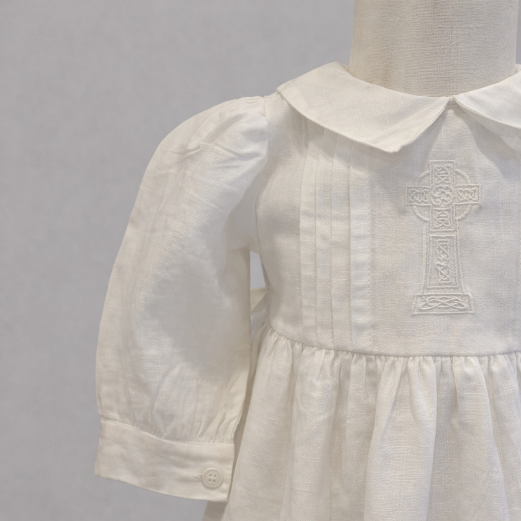 Tara Irish Linen Long Sleeved Christening Gown - Chest Cross The White Room Kenmare Tara Irish Linen Long Sleeved Christening Gown - Chest Cross The White Room Kenmare