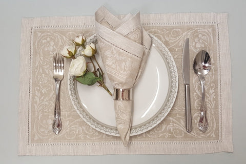 Flower Scroll Beige Linen Napkin