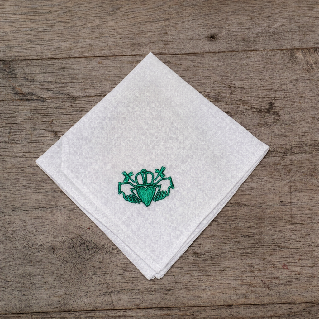 Irish Linen Hankie With Green Embroidered Claddagh