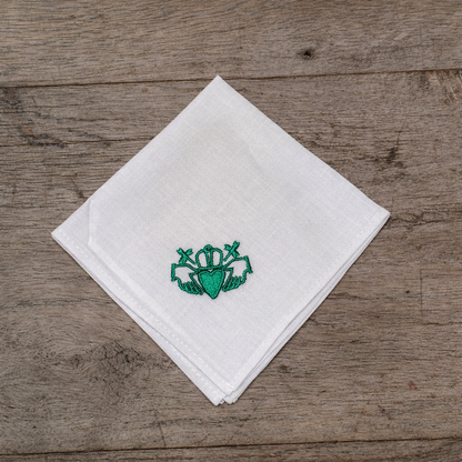 Irish Linen Hankie With Green Embroidered Claddagh