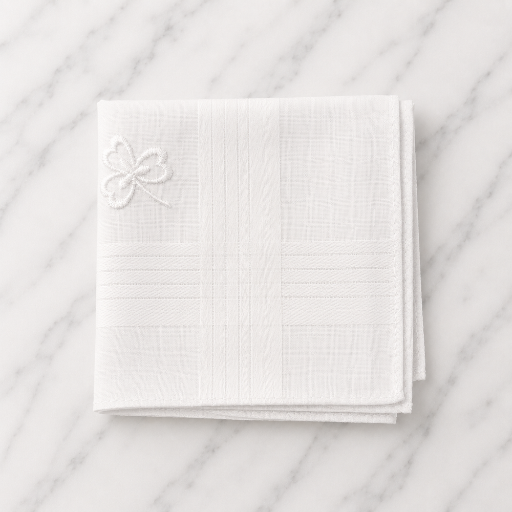 Cotton White Hankie With White Shamrock Embroidery - 40 x 40cm