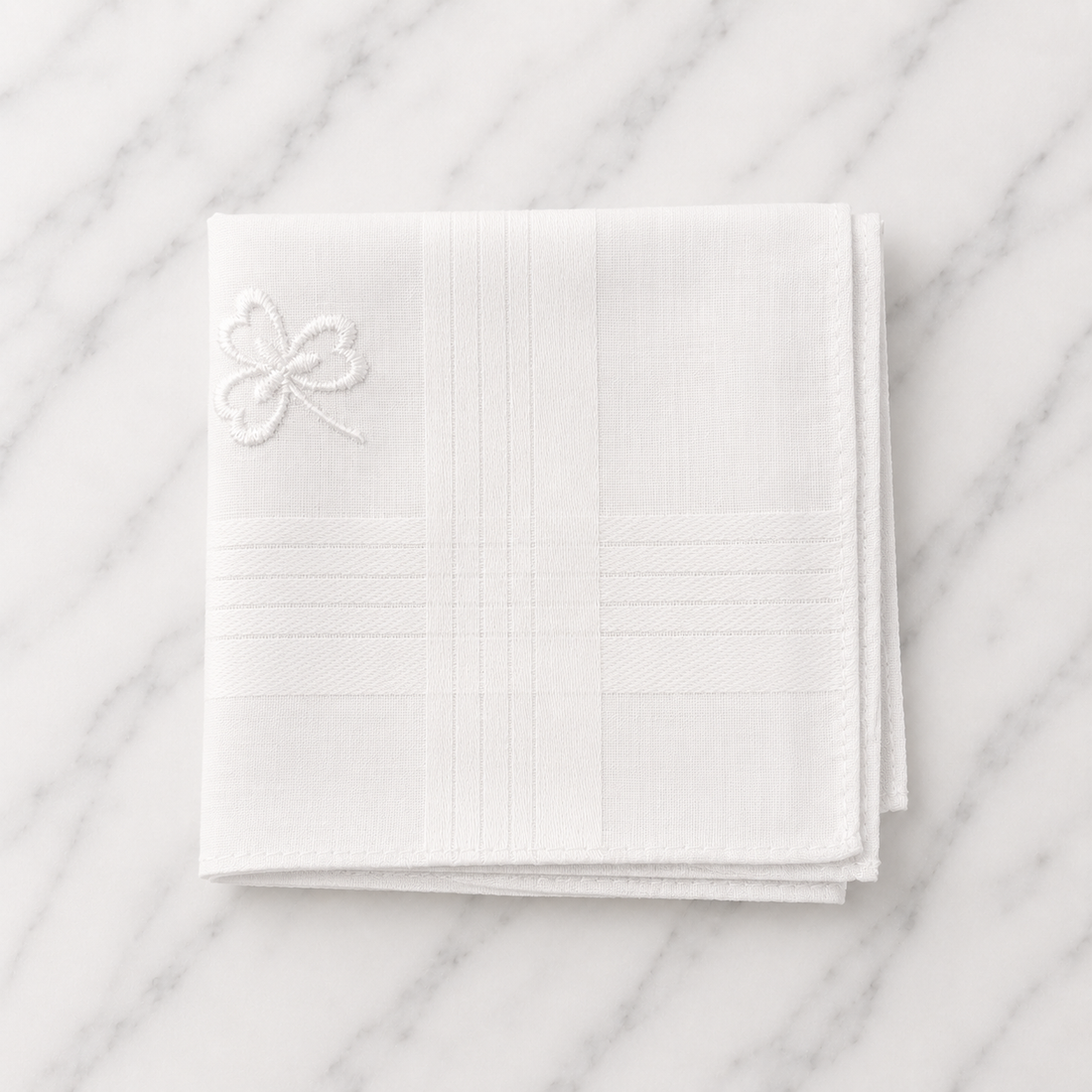 Cotton White Hankie With White Shamrock Embroidery - 40 x 40cm