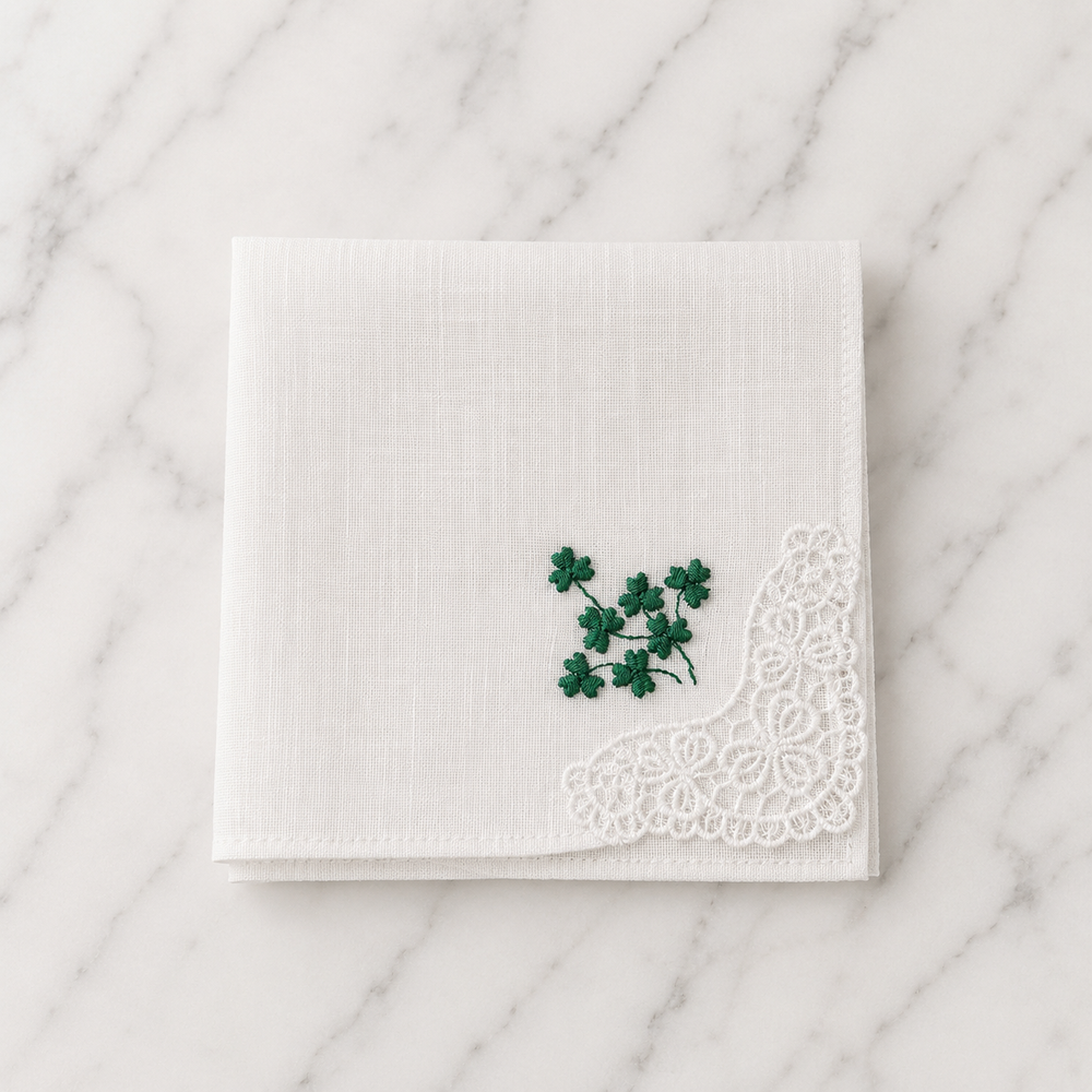 Irish Linen Hankie With Green Shamrock Embroidery & Crochet Detail - 21 x 21cm