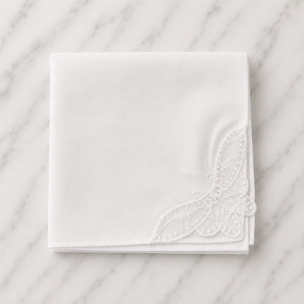 Cotton Hankie With Butterfly Edge Detail - 28 x 28cm