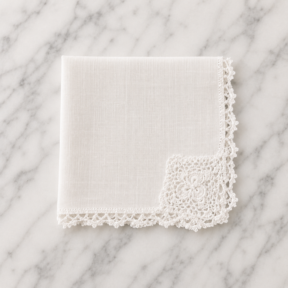 Irish Linen Hankie With Hand Made Crochet Border - 23 x 23cm