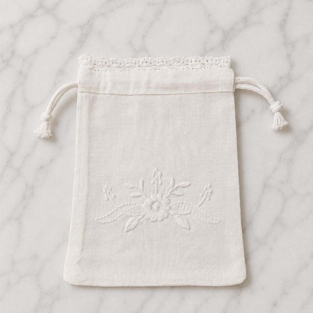 Irish Made Linen Sachet Bag With Embroidery & Crochet Trim