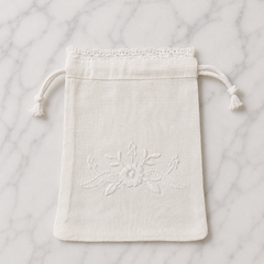 Irish Made Linen Sachet Bag With Embroidery & Crochet Trim