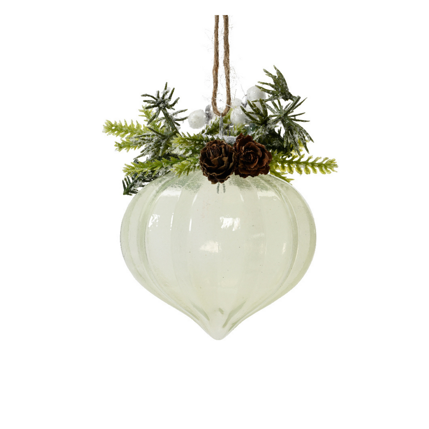 Green Glass Buable With Pinecone &amp; Branches - Set Of 2