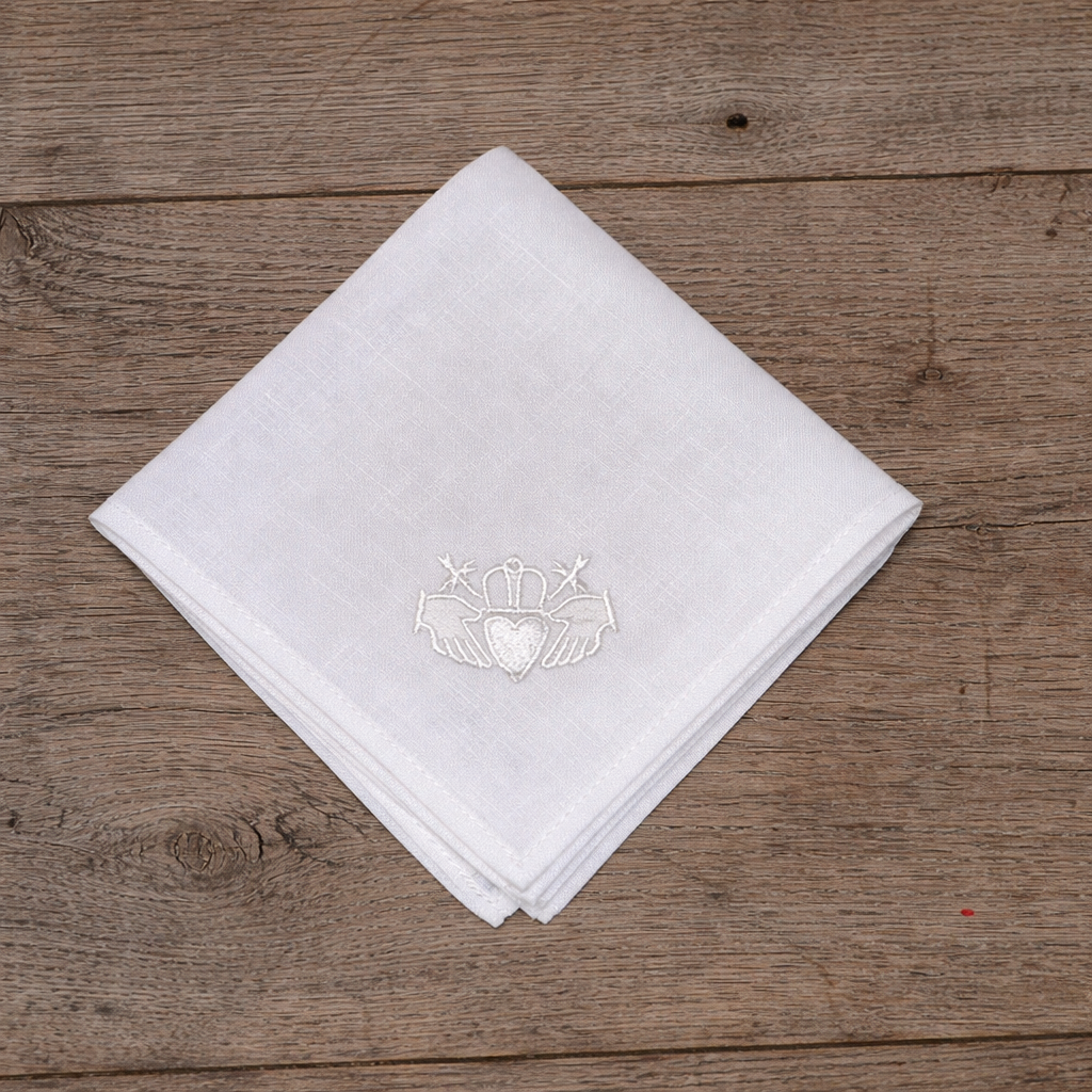 Irish Linen Hanky With White Embroidered Claddagh