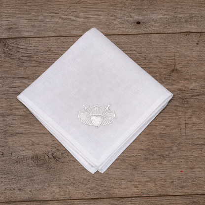 Irish Linen Hanky With White Embroidered Claddagh
