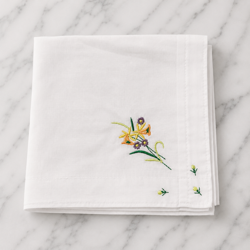 Cotton Hankie With Floral Embroidery - 30 x 30cm