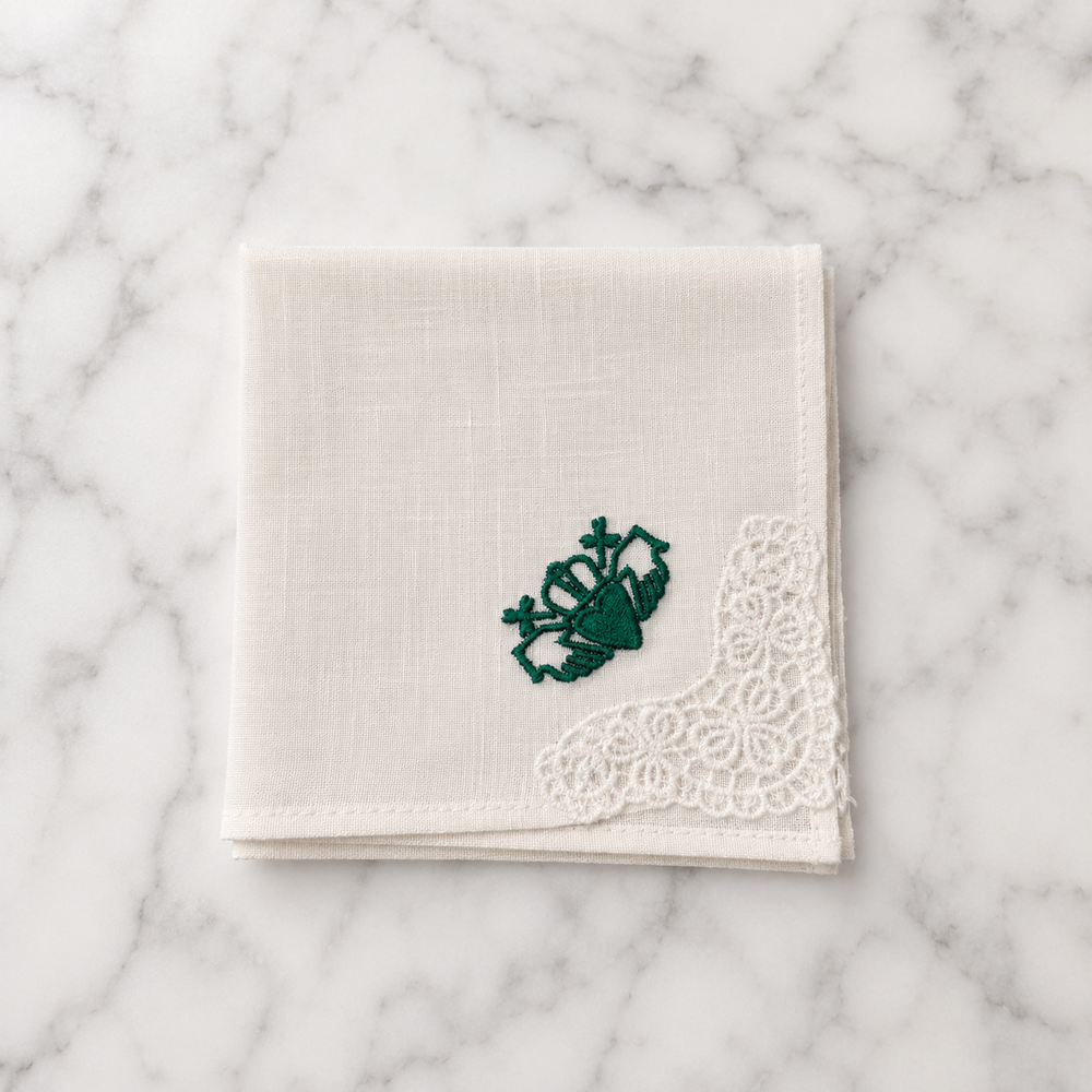 Irish Linen Hankie With Green Claddagh Embroidery & Crochet Detail - 21 x 21cm
