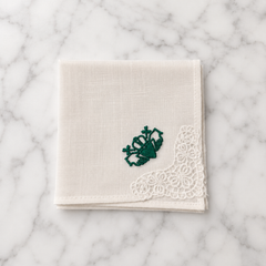 Irish Linen Hankie With Green Claddagh Embroidery & Crochet Detail - 21 x 21cm
