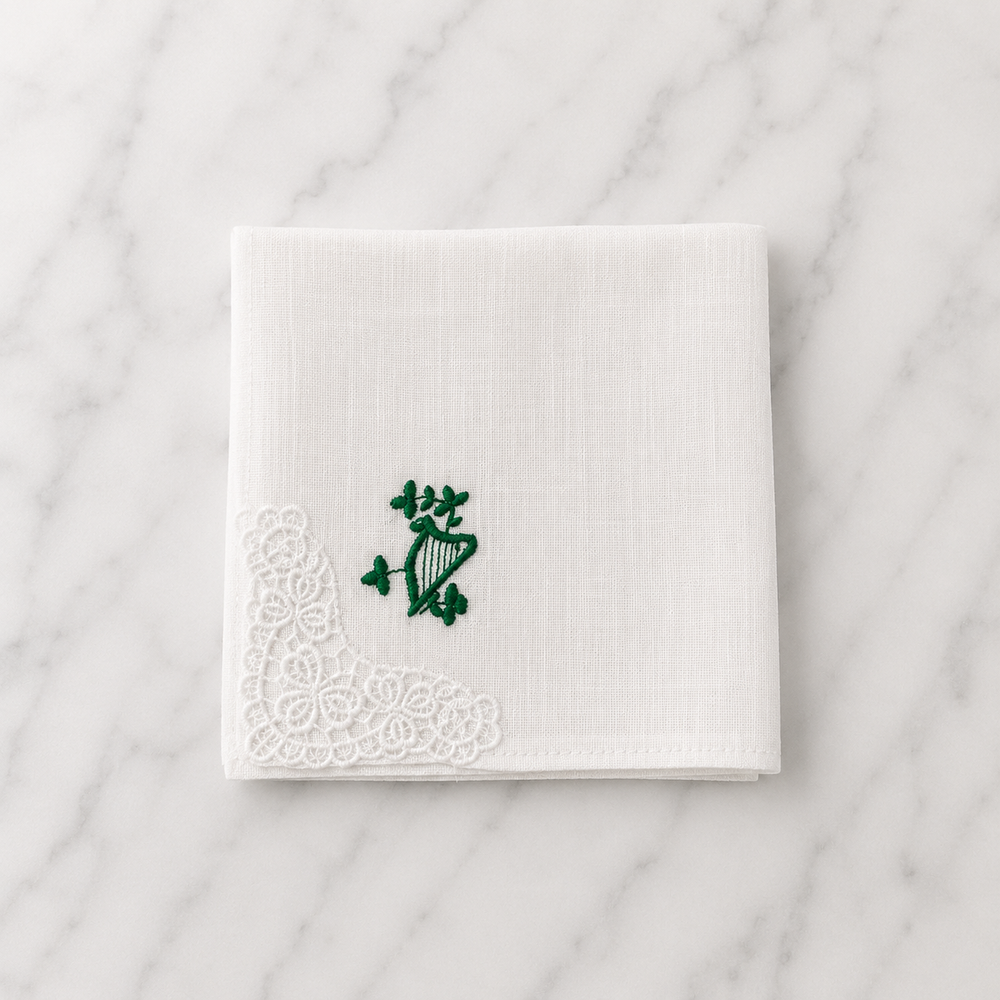 Irish Linen Hankie With Green Embroidered Harp & Crochet Detail - 21 x 21cm
