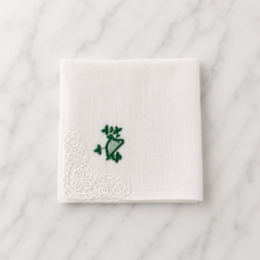 Irish Linen Hankie With Green Embroidered Harp & Crochet Detail - 21 x 21cm