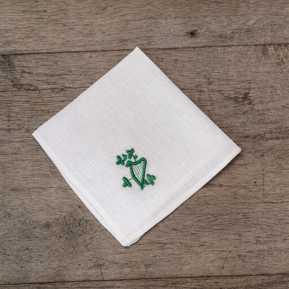 Irish Linen Hankie With Green Embroidered Harp