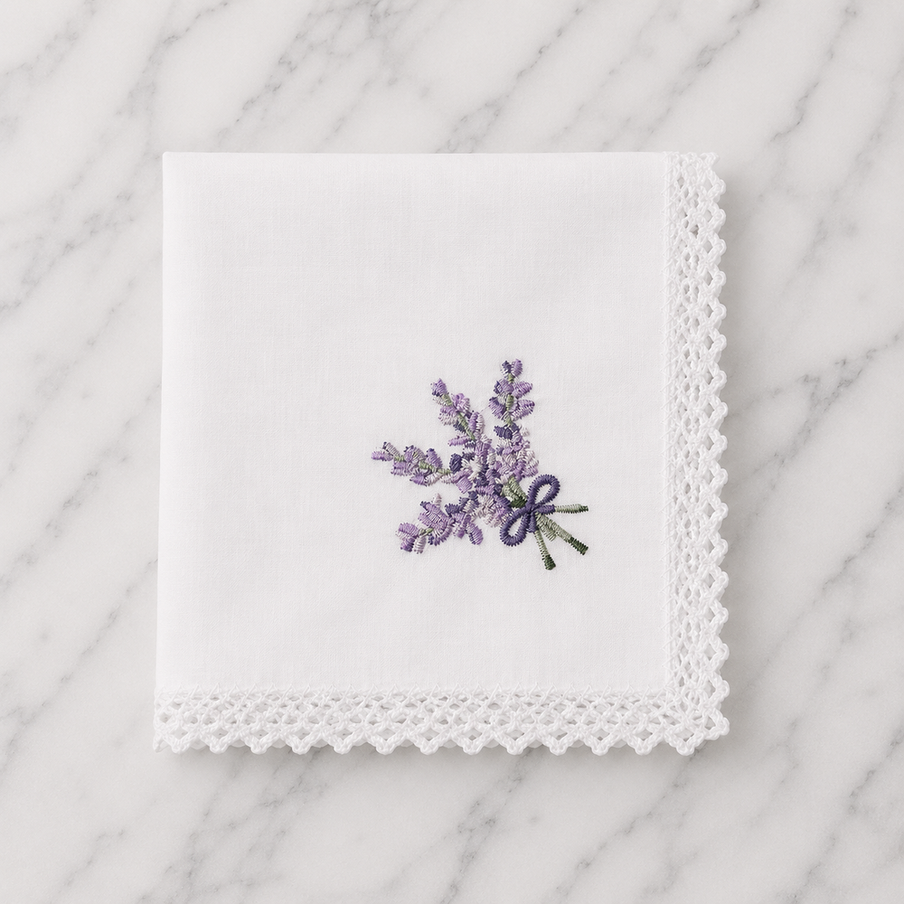 Cotton Hankie With Lavender Embroidery & Crochet Edge - 28 x 28cm