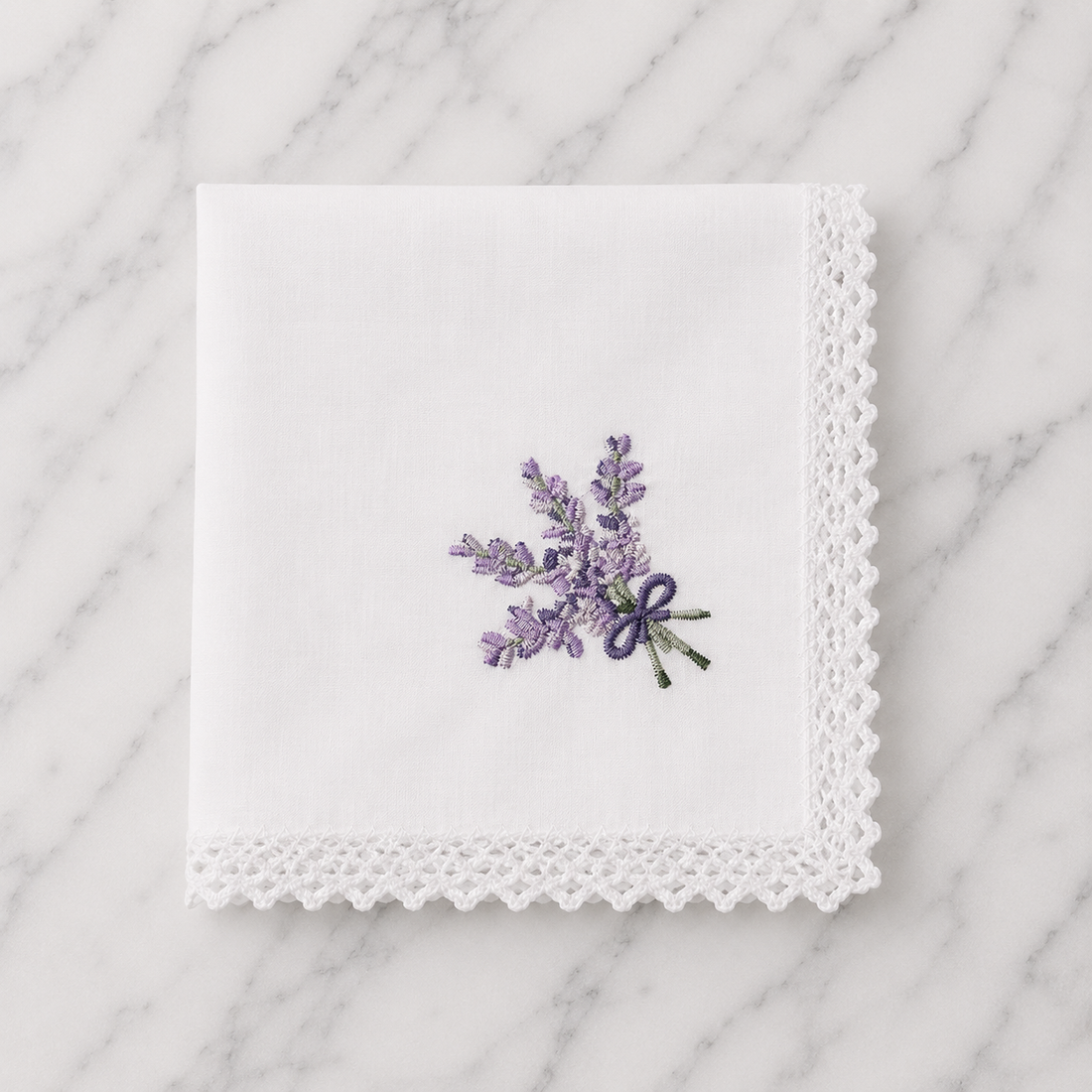 Cotton Hankie With Lavender Embroidery &amp; Crochet Edge - 28 x 28cm