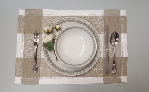 Flower Scroll White With Beige Linen Placemats