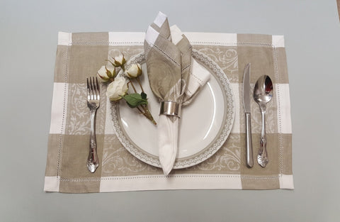 Flower Scroll White With Beige Linen Placemats