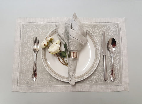 Flower Scroll Grey Linen Napkins