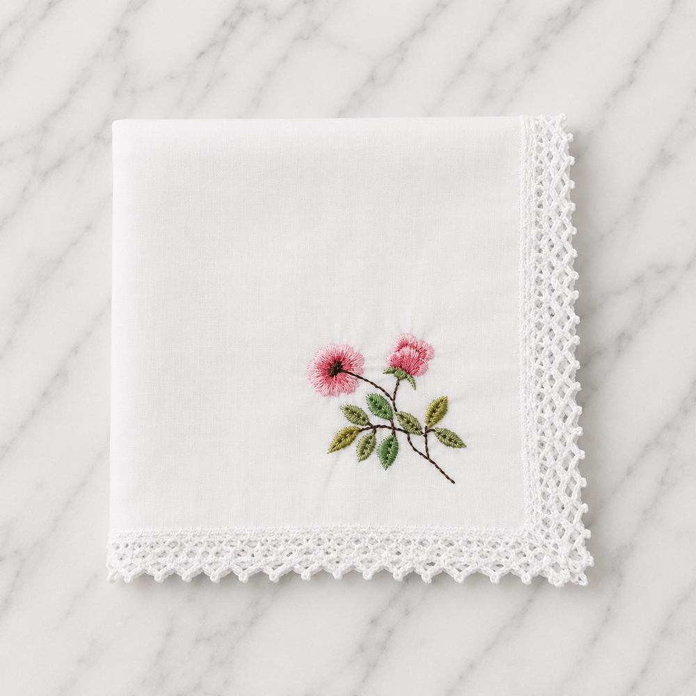 Cotton Hankie With Rose Embroidery & Crochet Edge- 28 x 28cm