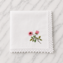 Cotton Hankie With Rose Embroidery & Crochet Edge- 28 x 28cm