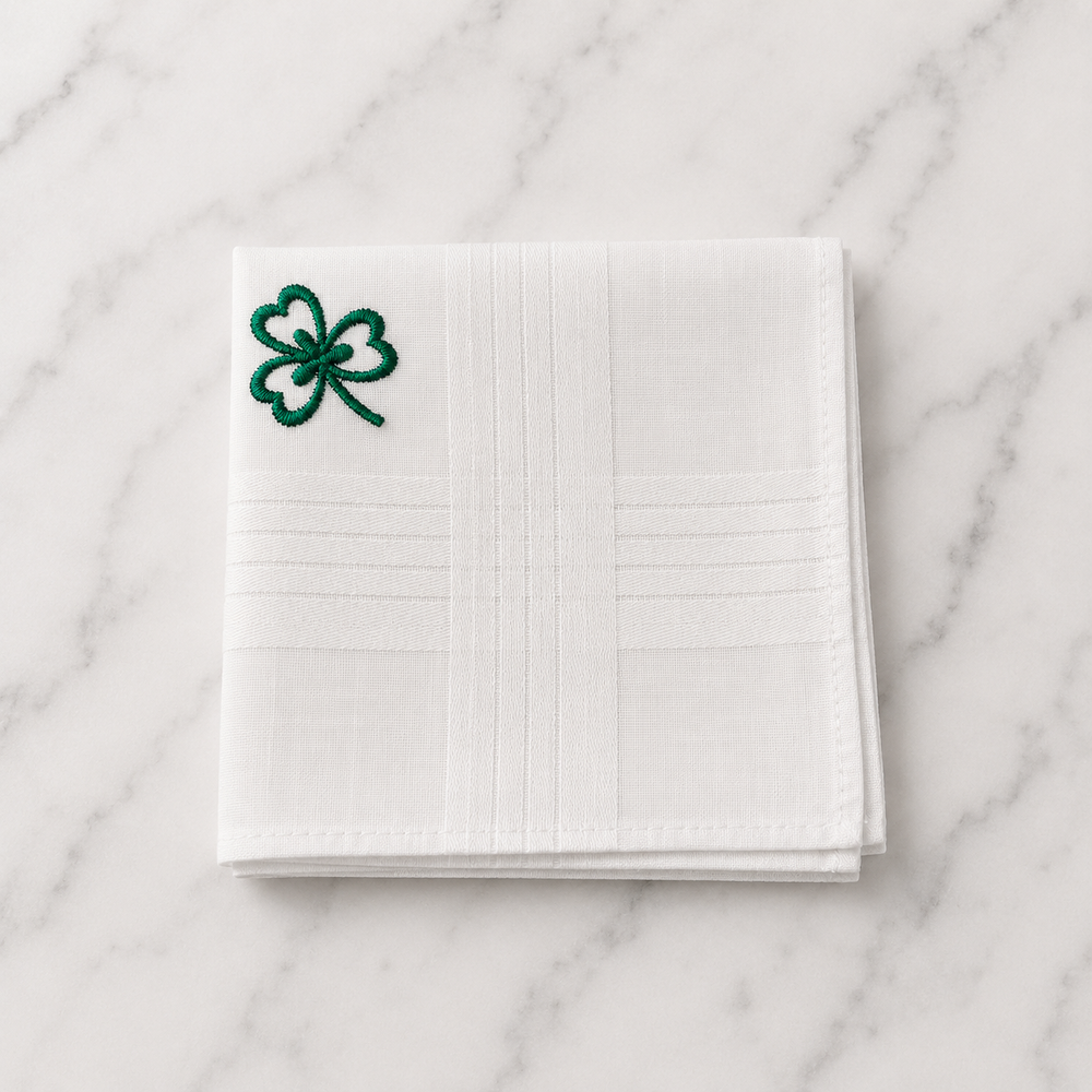 Cotton White Hankie With Green Shamrock Embroidery - 40 x 40cm