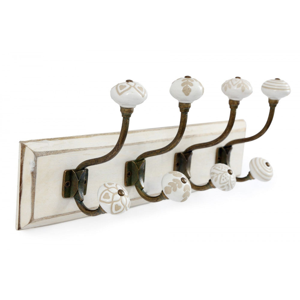 Antique White Coat Rack With Metal &amp; Ceramic Hooks