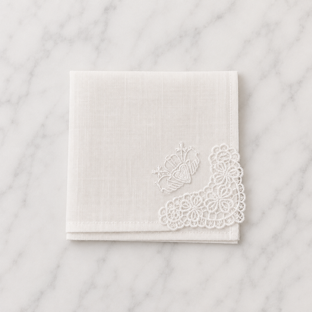 Irish Linen Hankie With White Claddagh Embroidery & Crochet Detail - 21 x 21cm