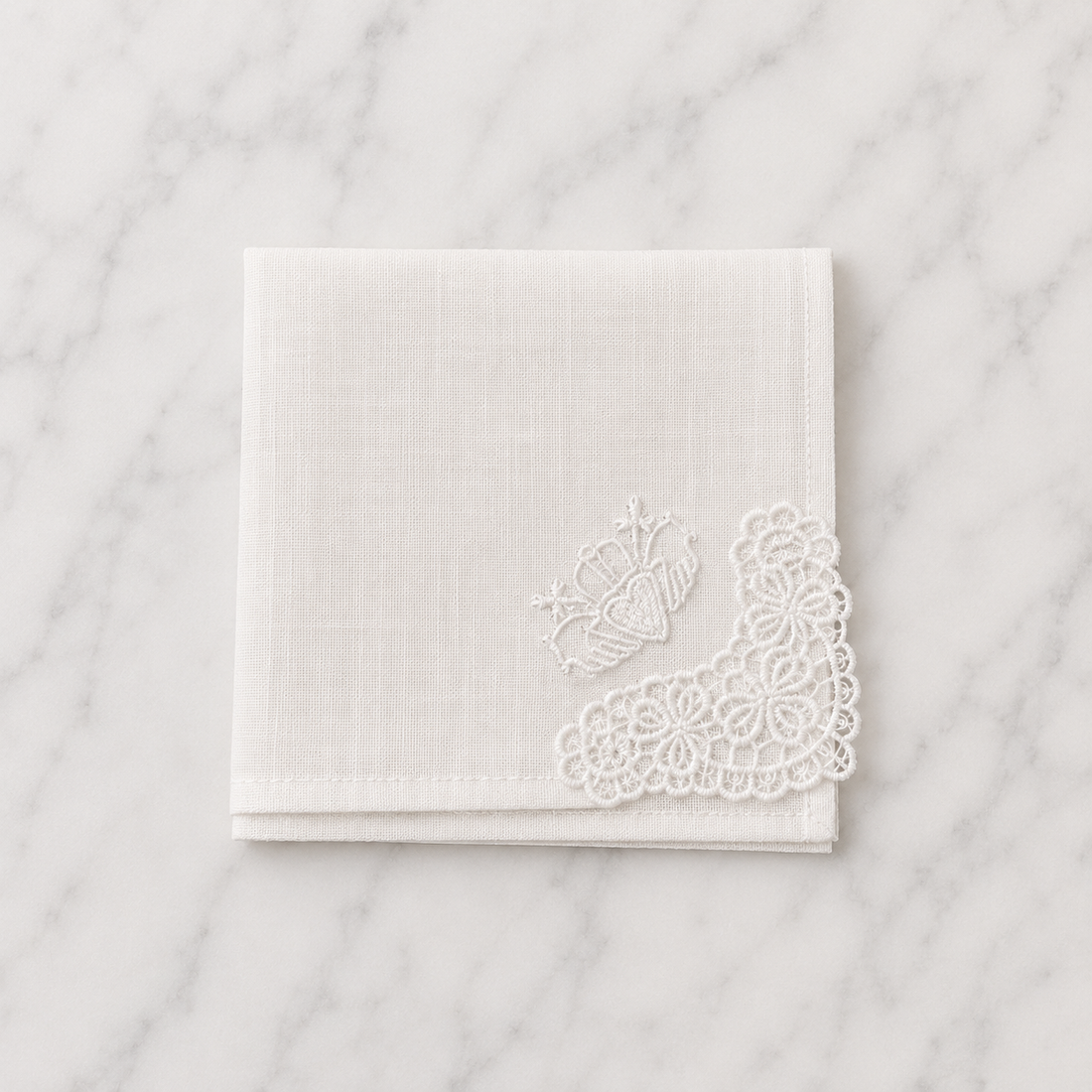 Irish Linen Hankie With White Claddagh Embroidery &amp; Crochet Detail - 21 x 21cm