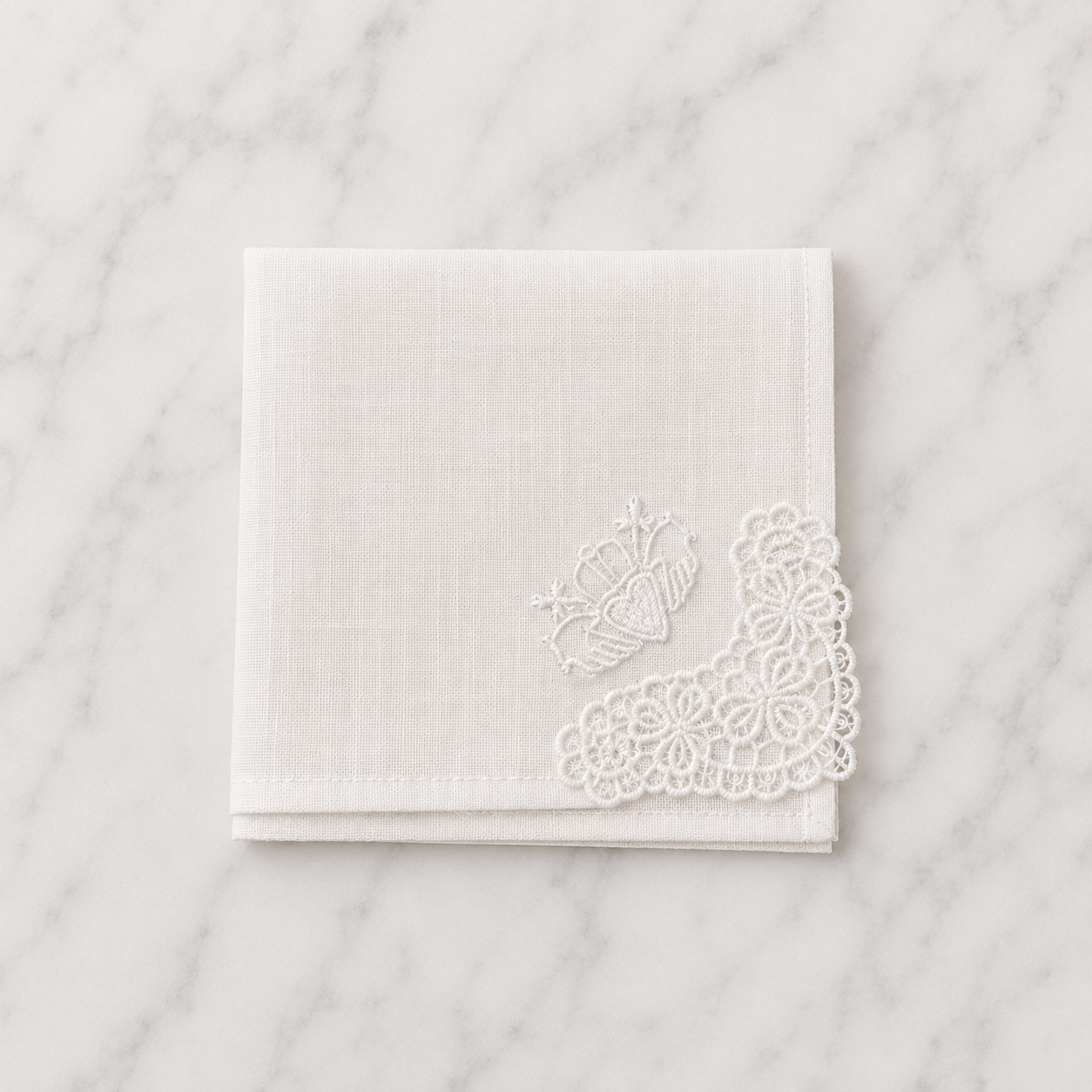 Irish Linen Hankie With White Claddagh Embroidery &amp; Crochet Detail - 21 x 21cm