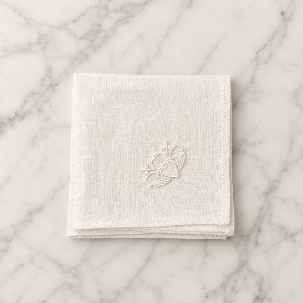 Irish Linen Hankie With White Embroidered Claddagh - 21 x 21cm