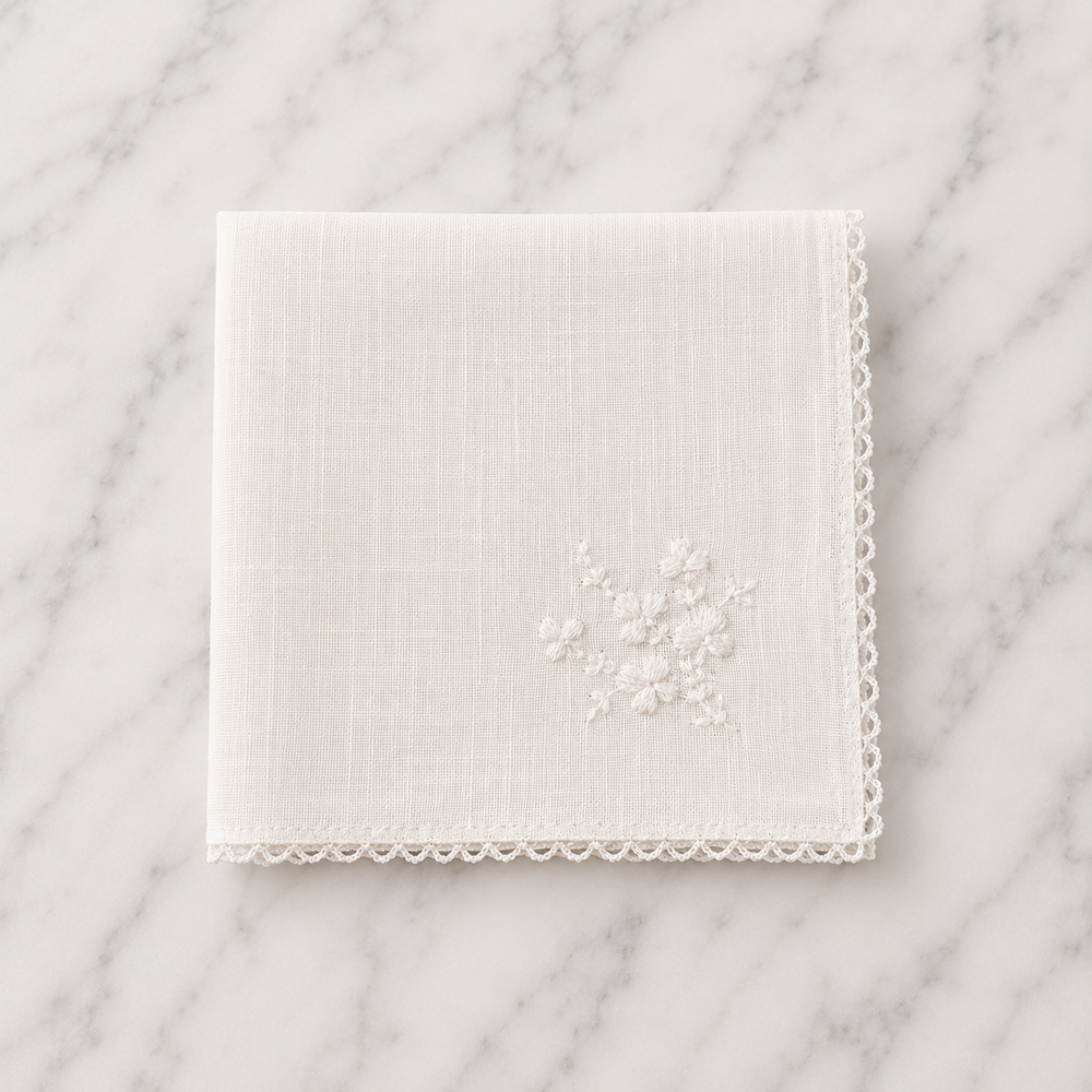 Irish Linen Hankie With White Shamrock Embroidery & Crochet Edge- 23 x 23cm
